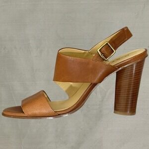 M.Gemi Tan Leather Block Heel Slingback Sandals Italy Euro Cognac Buckle 8.5W 9N